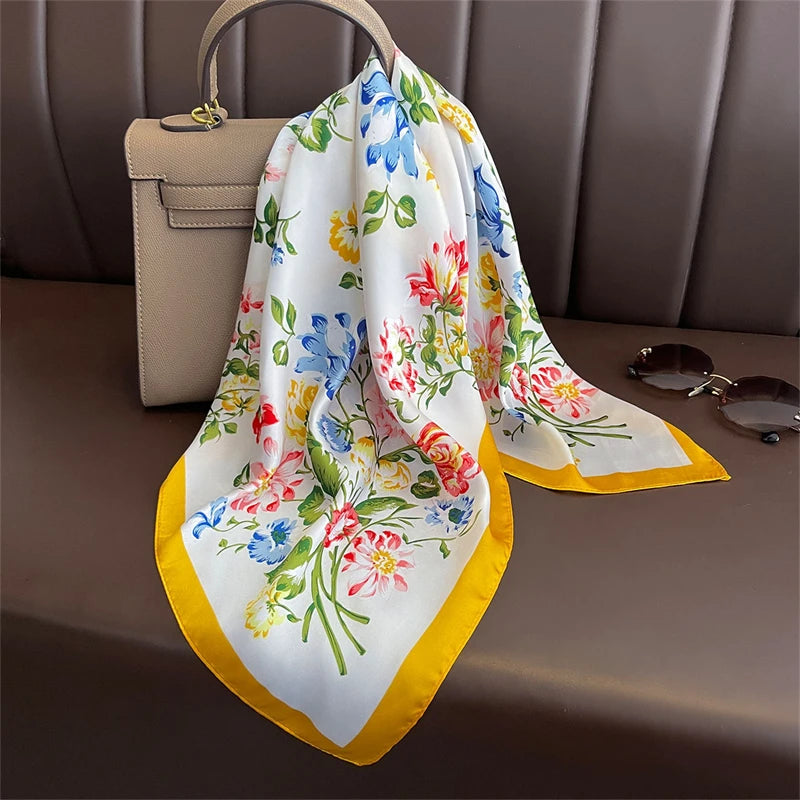 Luxury Satin Silk Square Scarf for Women, Printed Fashion Wrap, Shawl, Neckerchief