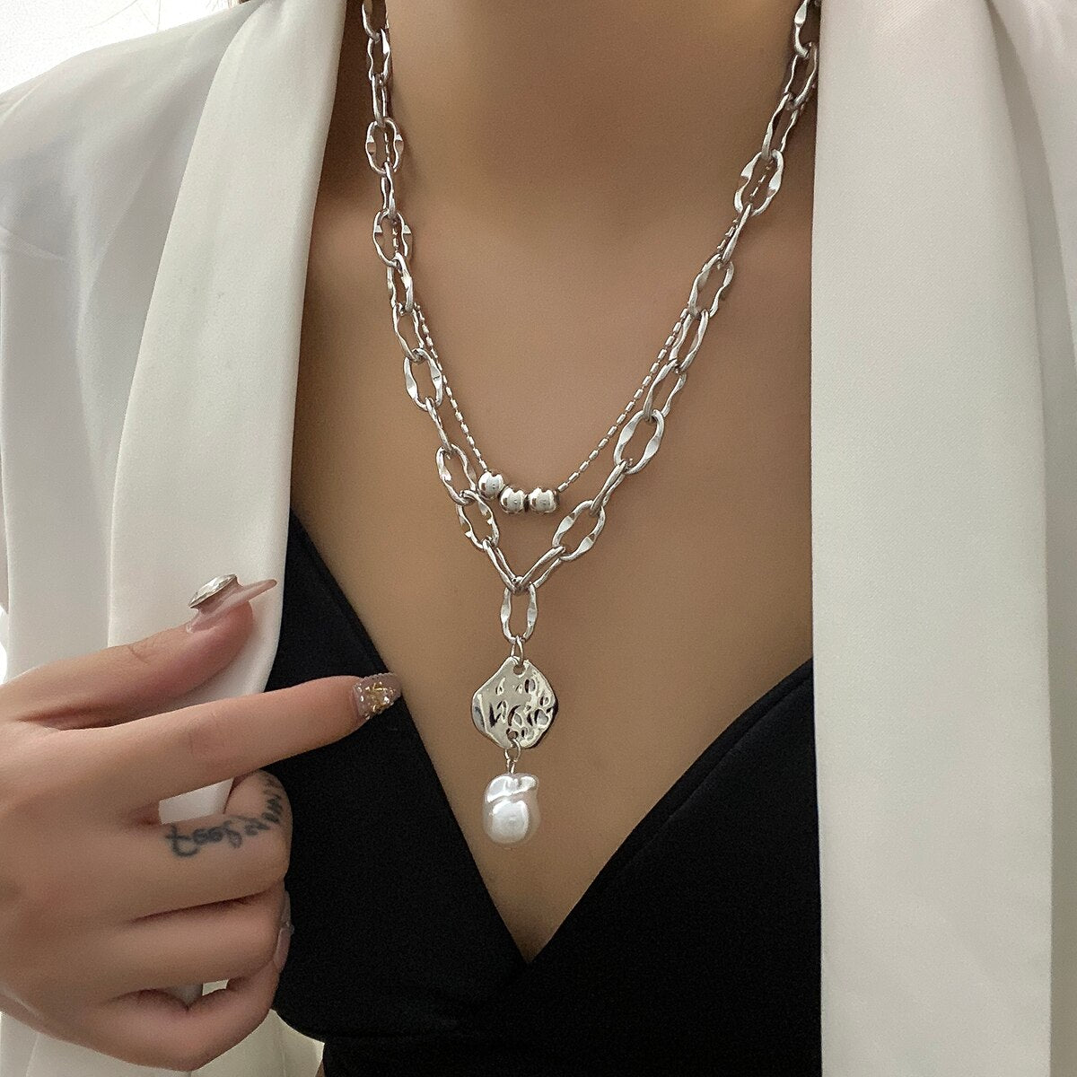 Layered Shell Link Chain Lock Heart Necklace