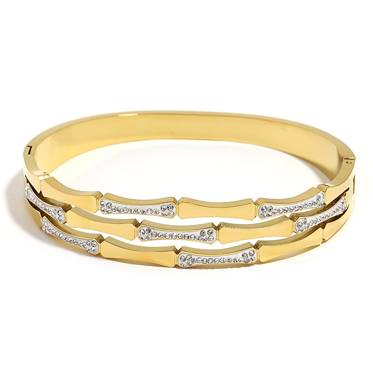 Chic Geometric Gold-Plated Stainless Steel Bangles
 Stackable Bangles High Fashion Bracelets
 Elevate your style with our trendy stackable bangles, designed with a geometric pattern and tension setting for a modern Glam DuchessGlam DuchessChic Geometric Gold-Plated Stainless Steel Bangles