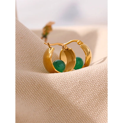 Green Agate Huggie Hoop Earrings Durable Stainless Steel with 18K Gold Plating and Waterproof Charm