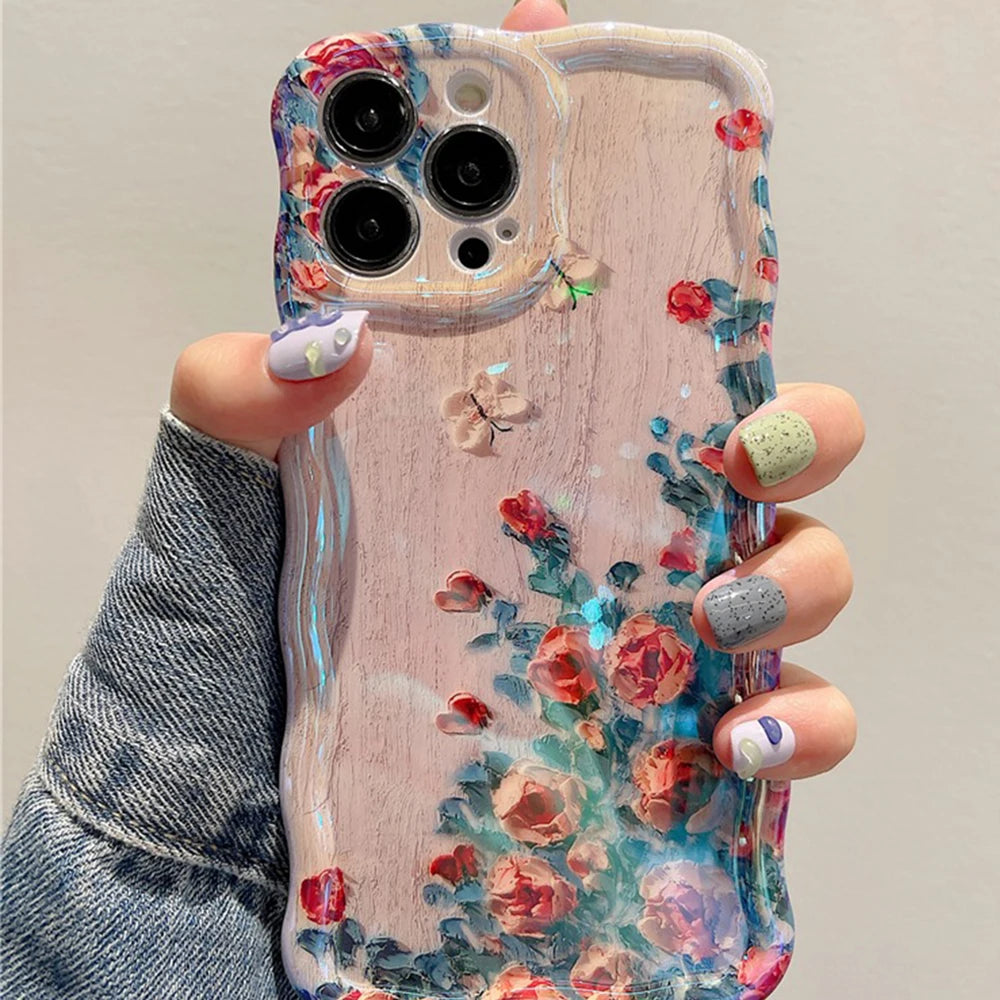 Vintage Floral Oil Painting Phone Case for iPhone 11, 12, 13, 14, 15, and 16 Pro Max – Elegant Shockproof Silicone Cover with Artistic Flower Design