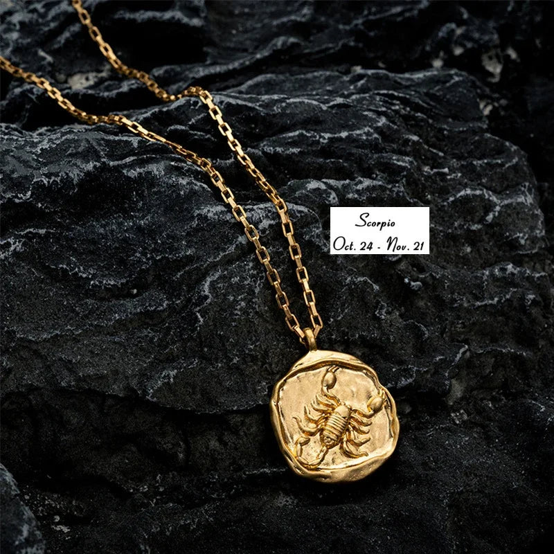 Gold Plated Stainless Steel 12 Zodiac Signs Coin Pendant Necklace