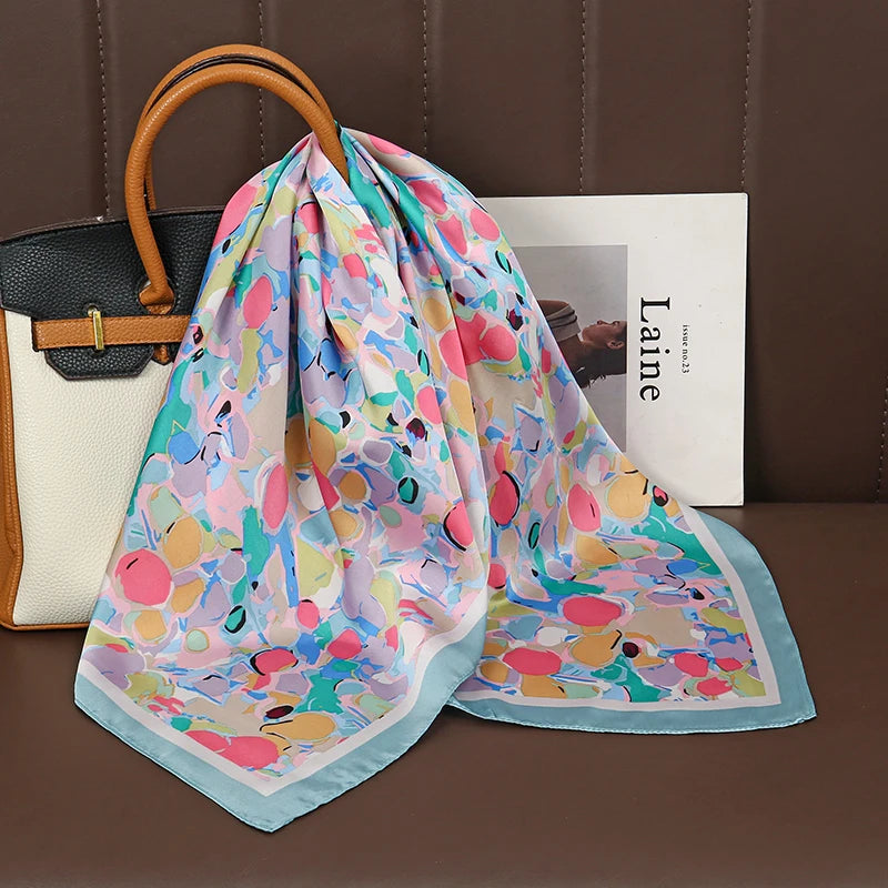 Luxury Satin Silk Square Scarf for Women, Printed Fashion Wrap, Shawl, Neckerchief