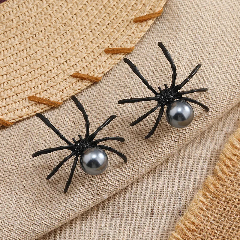 Halloween Gothic Spider-Inspired Black Punk Earrings with Simulated Pearl