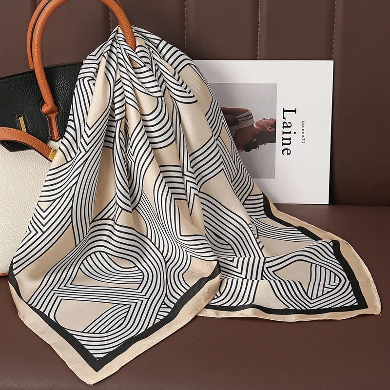 Luxury Satin Silk Square Scarf for Women, Printed Fashion Wrap, Shawl, Neckerchief