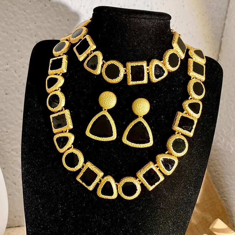 Modern Black Gold Necklace, Earrings and bracelet Jewelry Set