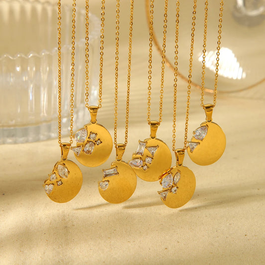 Dainty 18K Gold Plated Stainless Steel Irregular Oval Cubic Zirconia Pendant Necklaces