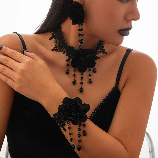 Black Gothic Lace Dark Rose Choker with Earrings, Bracelet, Perfect for Halloween