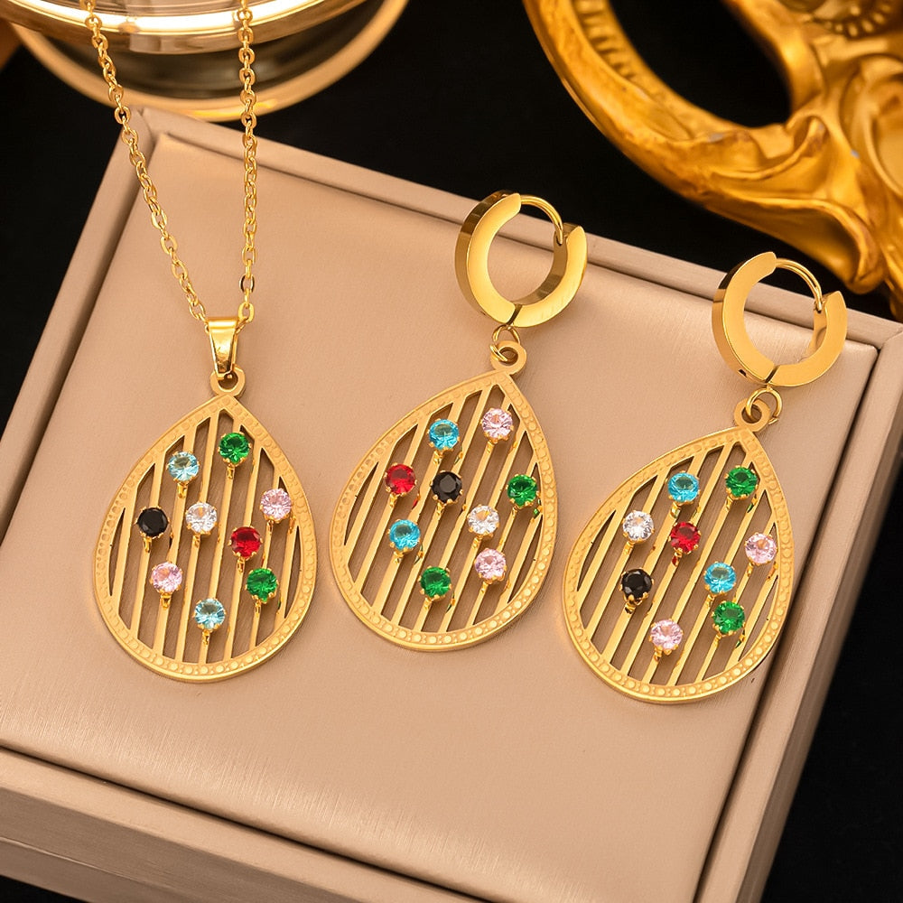 Gold Heart Shape Stainless Steel Turkish Earrings Necklace Set - Elegant Heart Shaped Turkish Jewelry Set