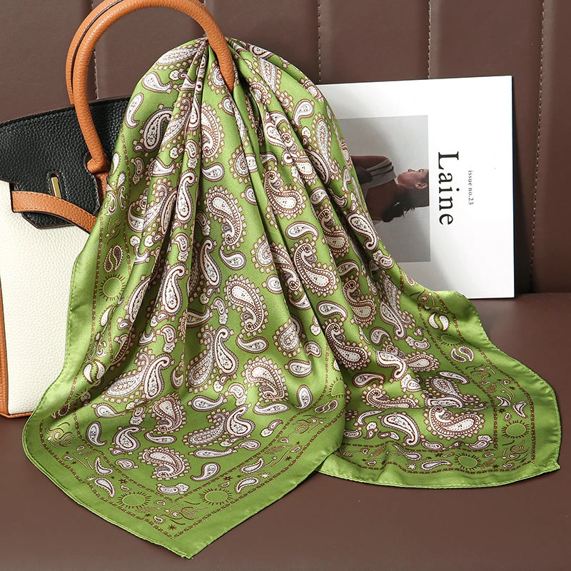 Luxury Satin Silk Square Scarf for Women, Printed Fashion Wrap, Shawl, Neckerchief