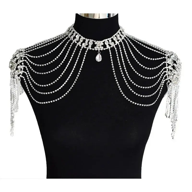Luxurious Wedding Dress Featuring Water Droplet-Shaped Rhinestone Shoulder Chain, Multi-layer Fringed Style, Body Chain - from Glam Duchess