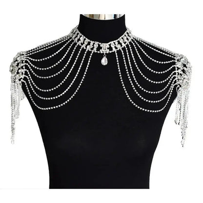 Luxurious Wedding Dress Featuring Water Droplet-Shaped Rhinestone Shoulder Chain, Multi-layer Fringed Style, Body Chain - from Glam Duchess