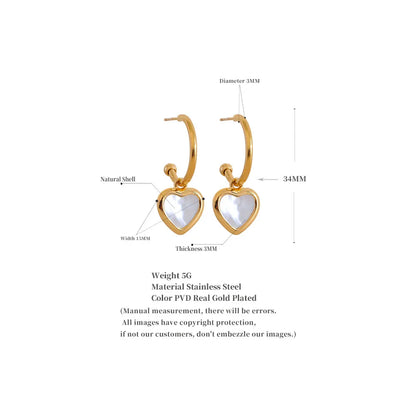 Natural Shell Heart Drop Stainless Steel Gold Color Hoop Earrings