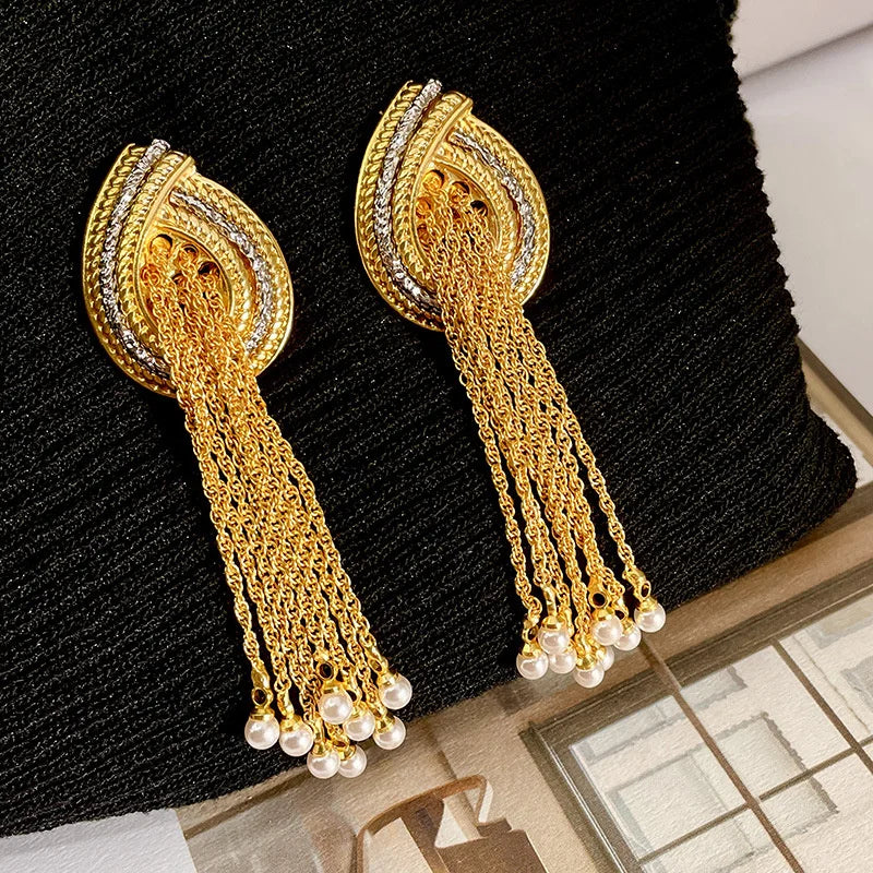 Exquisite Geometric Tassels Pearl Dangle Earrings