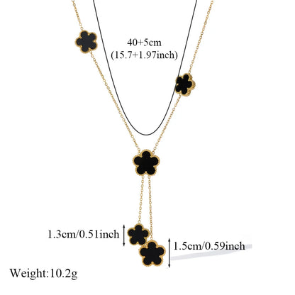 Stainless Steel Black Five Leaf Clover Tassel Pendant Necklace