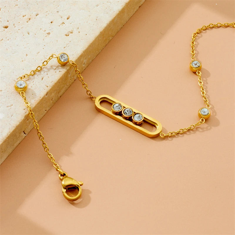 316L Stainless Rounded Rectangle Creative Movable White Crystal Necklace Bracelet Earring Set