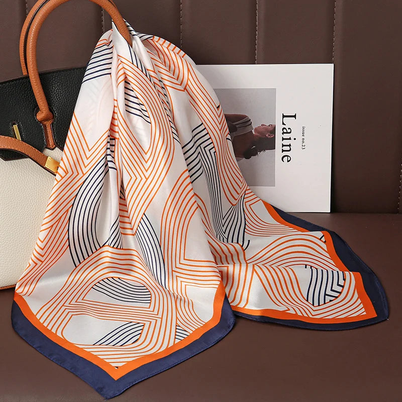 Luxury Satin Silk Square Scarf for Women, Printed Fashion Wrap, Shawl, Neckerchief