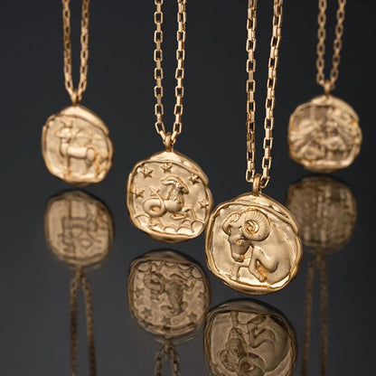 Gold Plated Stainless Steel 12 Zodiac Signs Coin Pendant Necklace