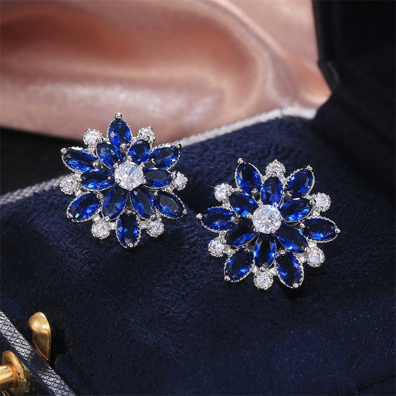 Floral Geometric Cubic Zirconia Stud Earrings