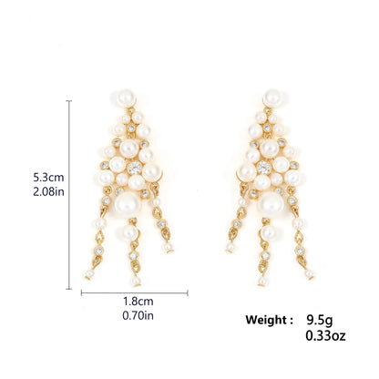 Pearl Zircon Tassel Long Drop Earrings