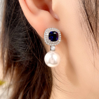 Blue Cubic Zirconia and Imitation Pearl Drop Earrings