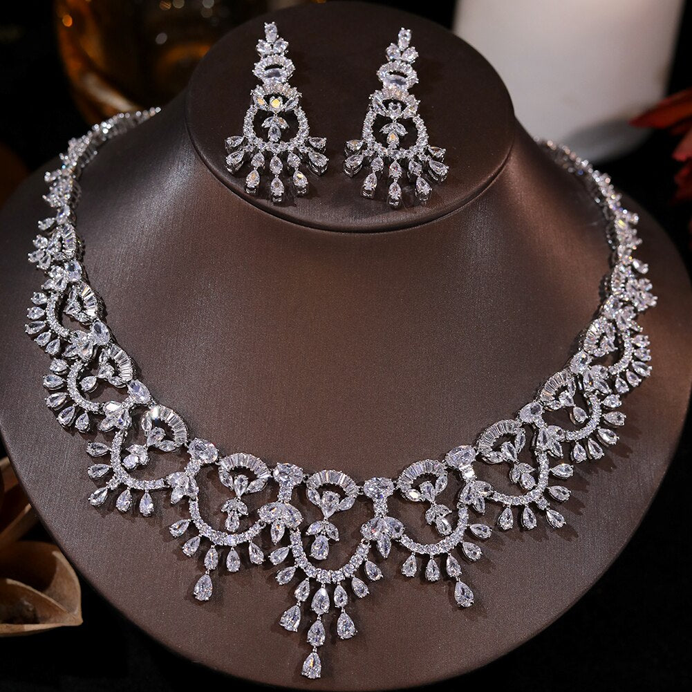 Elegant Cubic Zirconia Bridal Necklace and Earrings Set for Wedding