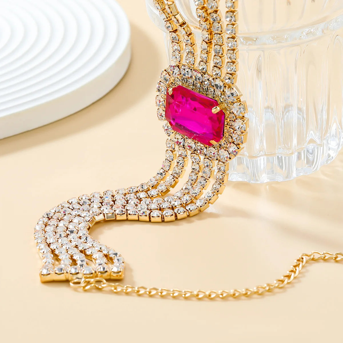 Extravagant Multicolored Rhinestone Square Pendant Necklace for Women with Crystal Hollow Chain