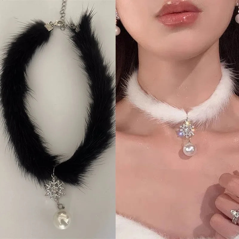 Elegant Snowflake Pearl Tassel Necklace – Winter Plush Choker Gift