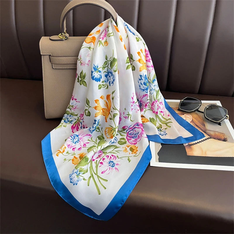 Luxury Satin Silk Square Scarf for Women, Printed Fashion Wrap, Shawl, Neckerchief