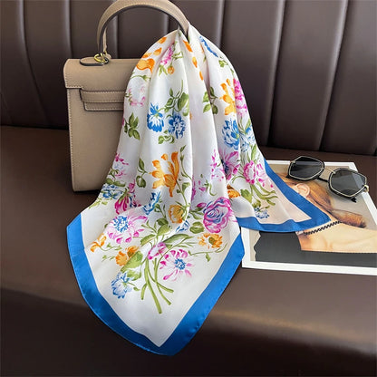 Luxury Satin Silk Square Scarf for Women, Printed Fashion Wrap, Shawl, Neckerchief