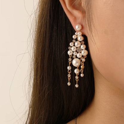 Pearl Zircon Tassel Long Drop Earrings