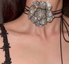 Glamorous Rhinestone-Adorned Large Black Floral Choker Necklace