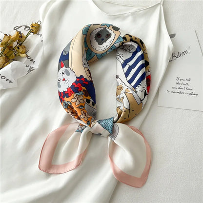 Whimsical Cartoon Cat Silk-Feel Scarf – Square Head Wrap & Neckerchief