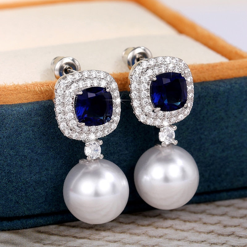 Blue Cubic Zirconia and Imitation Pearl Drop Earrings