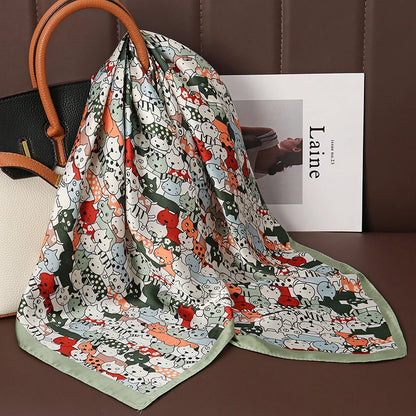 Luxury Satin Silk Square Scarf for Women, Printed Fashion Wrap, Shawl, Neckerchief