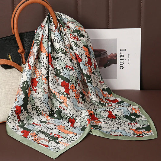 Luxury Satin Silk Square Scarf for Women, Printed Fashion Wrap, Shawl, Neckerchief