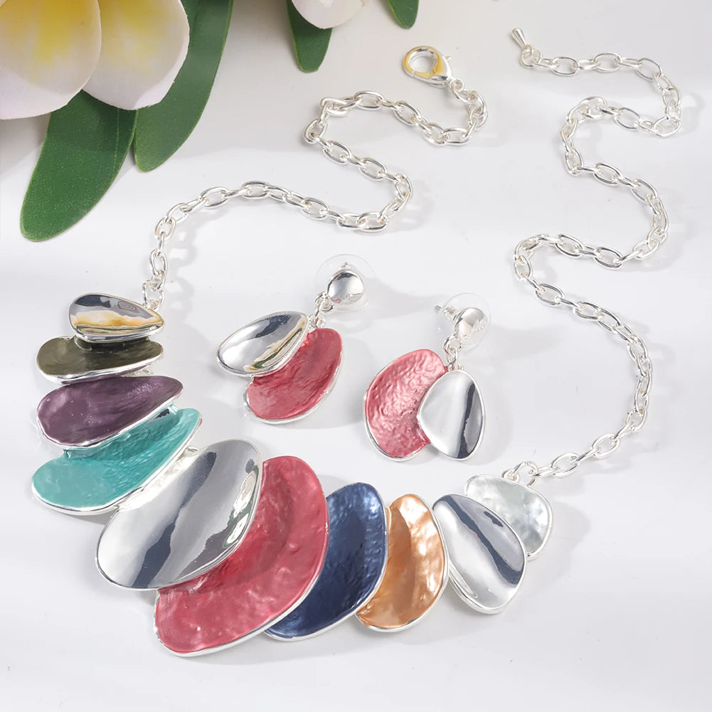 Enamel Trend Geometric Necklace Earrings Jewelry Set