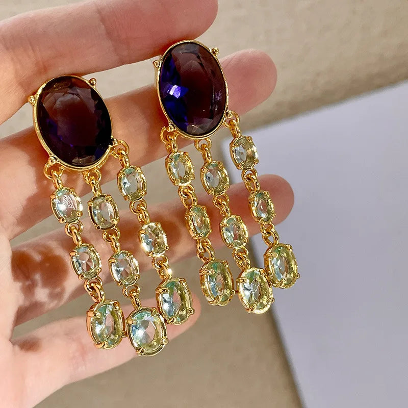 Exquisite Purple Crystal Tassel Earrings