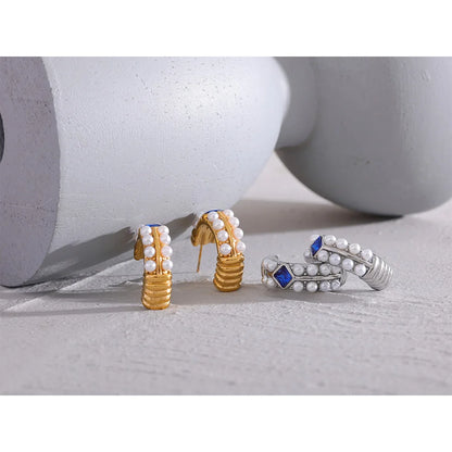 Imitation Pearls Blue Cubic Zirconia Stainless Steel C Shape Huggie Earrings