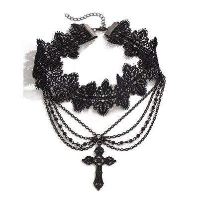 Multilayer Gothic Black Lace Chunky Chain Necklace Vintage Cross Pendant Choker