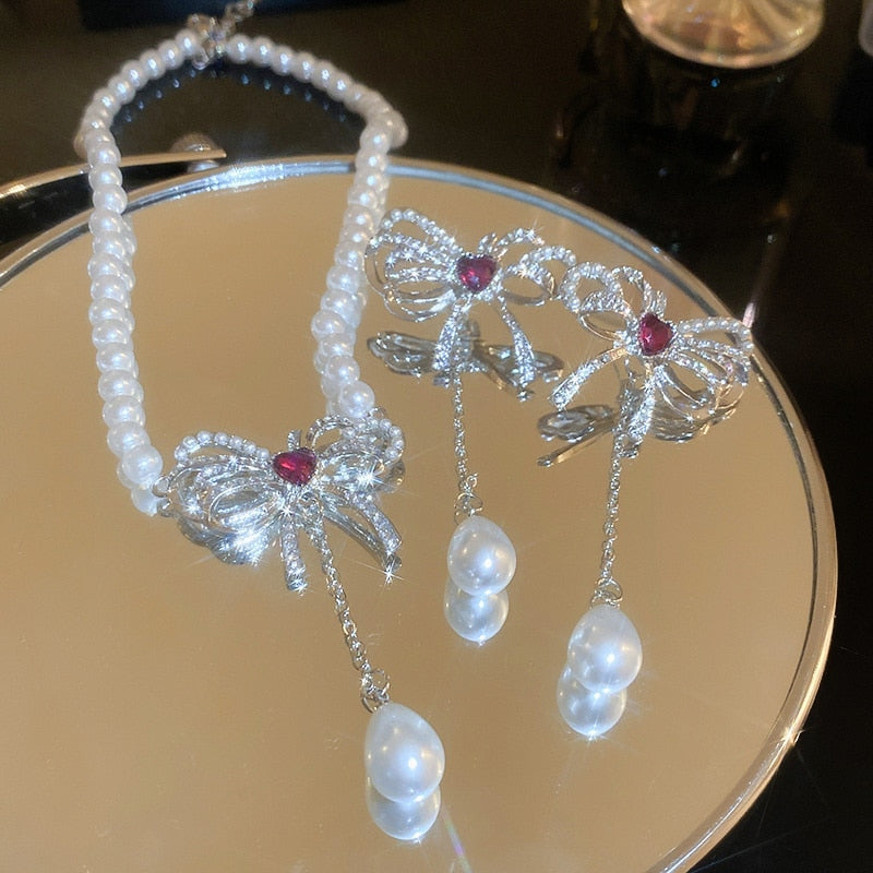 Pearl Crystal Bowknot Jewelry Set