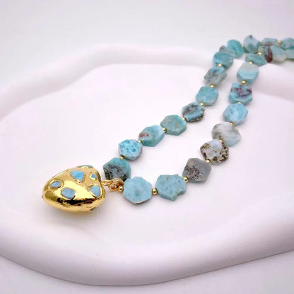 Natural Blue Larimar Gemstone Beaded Choker Necklace