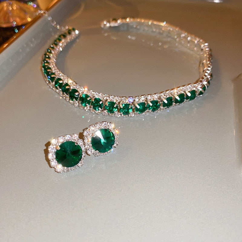 Green Crystal Necklace and Earrings Set with Shimmering Crystals