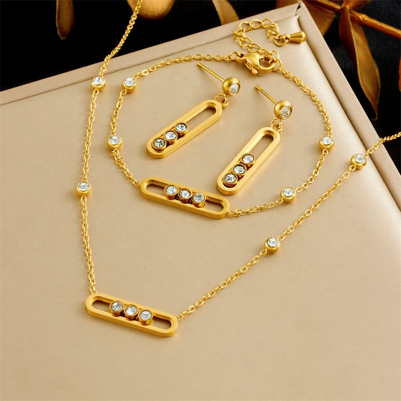 316L Stainless Rounded Rectangle Creative Movable White Crystal Necklace Bracelet Earring Set