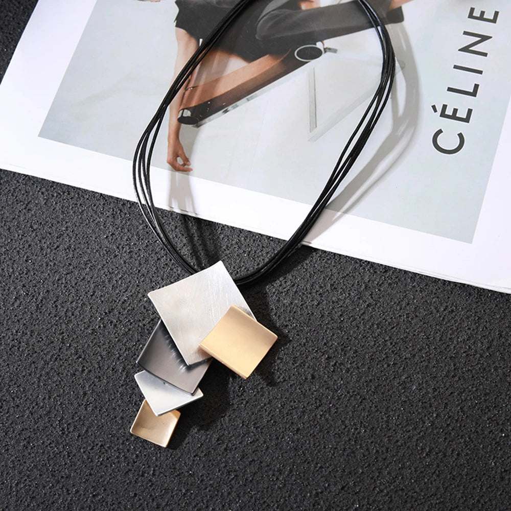 Long Leather Chain Trending Geometric Square Pendant Necklace