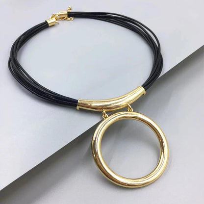 Elegant Chunky Black Leather Gold Necklace Choker