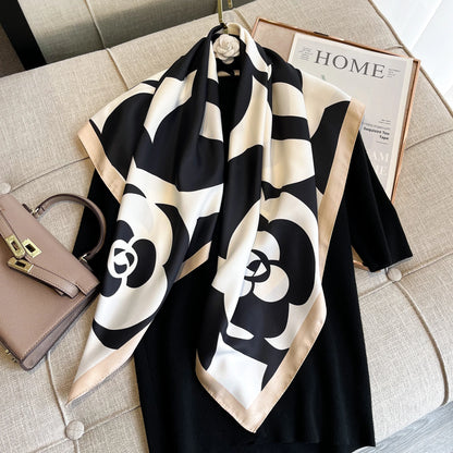 New Fashion Luxury Printing 90*90CM Women Scarf Satin Twill Square Big Shawl Elegant Headscarf Camellia Soft Neck Tie Bandana