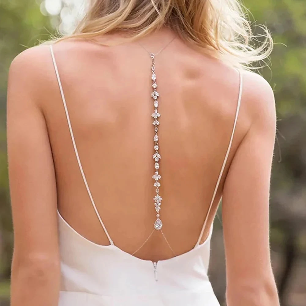 Zircon Leaf Back Chain Necklace Rhinestone Long Water Drop Body Chain Bridal Wedding Accessories