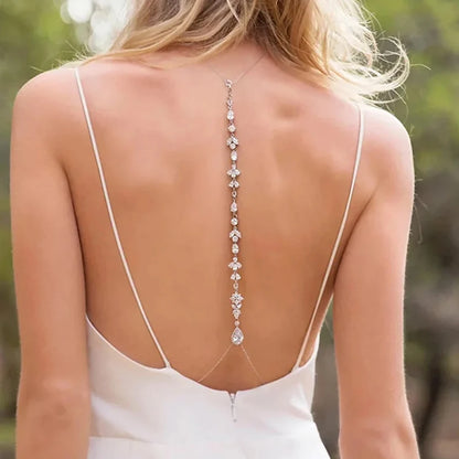 Zircon Leaf Back Chain Necklace Rhinestone Long Water Drop Body Chain Bridal Wedding Accessories