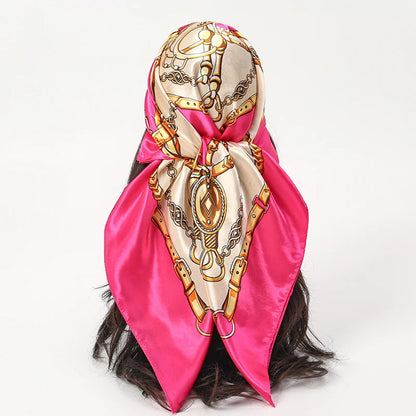 Handkerchiefs Hair Silk Scarf 90*90cm Print Satin Big Square Silk Scarves Shawls for Women Luxury Brand Designer Hijab Headband - Glam Duchess
